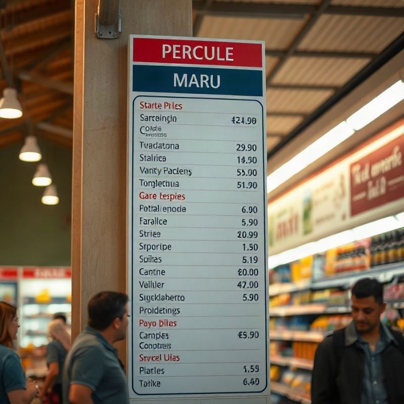 Cartel de precios en un supermercado uruguayo bajo luz cálida