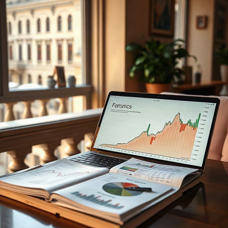 Informes económicos impresos y una laptop con gráficos sobre un escritorio con luz cálida