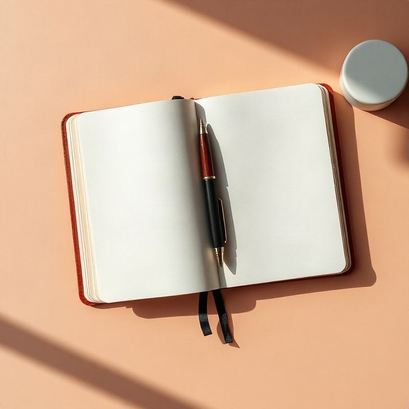 Cuaderno abierto y lapicera sobre un escritorio de tono rosa cálido
